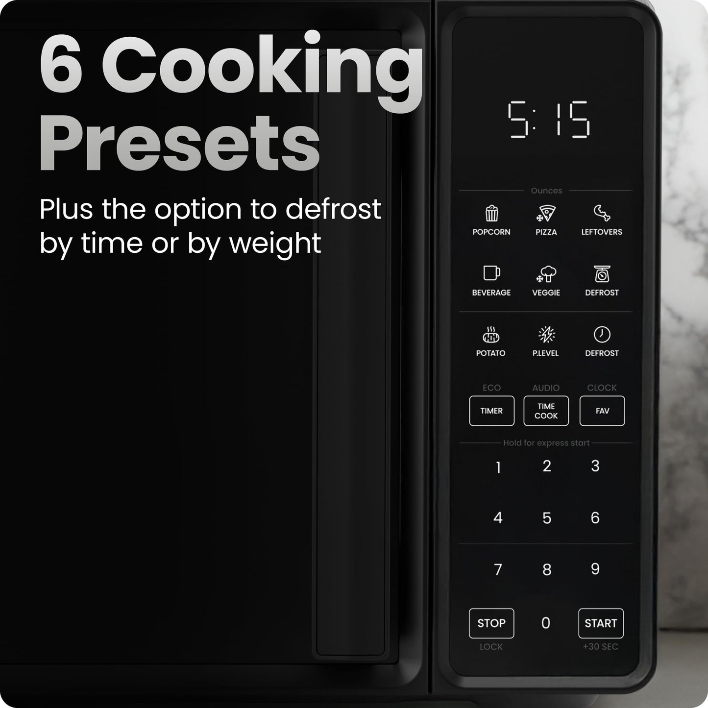 Chefman Countertop Microwave Oven 0.7 Cu. Ft., 700 Watts with 10 Power Levels, 6 Cooking Presets with One-Touch Express Cook, Eco Mode, Child Safety Lock, & Mute Button - Black