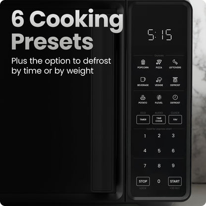 Chefman Countertop Microwave Oven 0.7 Cu. Ft., 700 Watts with 10 Power Levels, 6 Cooking Presets with One-Touch Express Cook, Eco Mode, Child Safety Lock, & Mute Button - Black