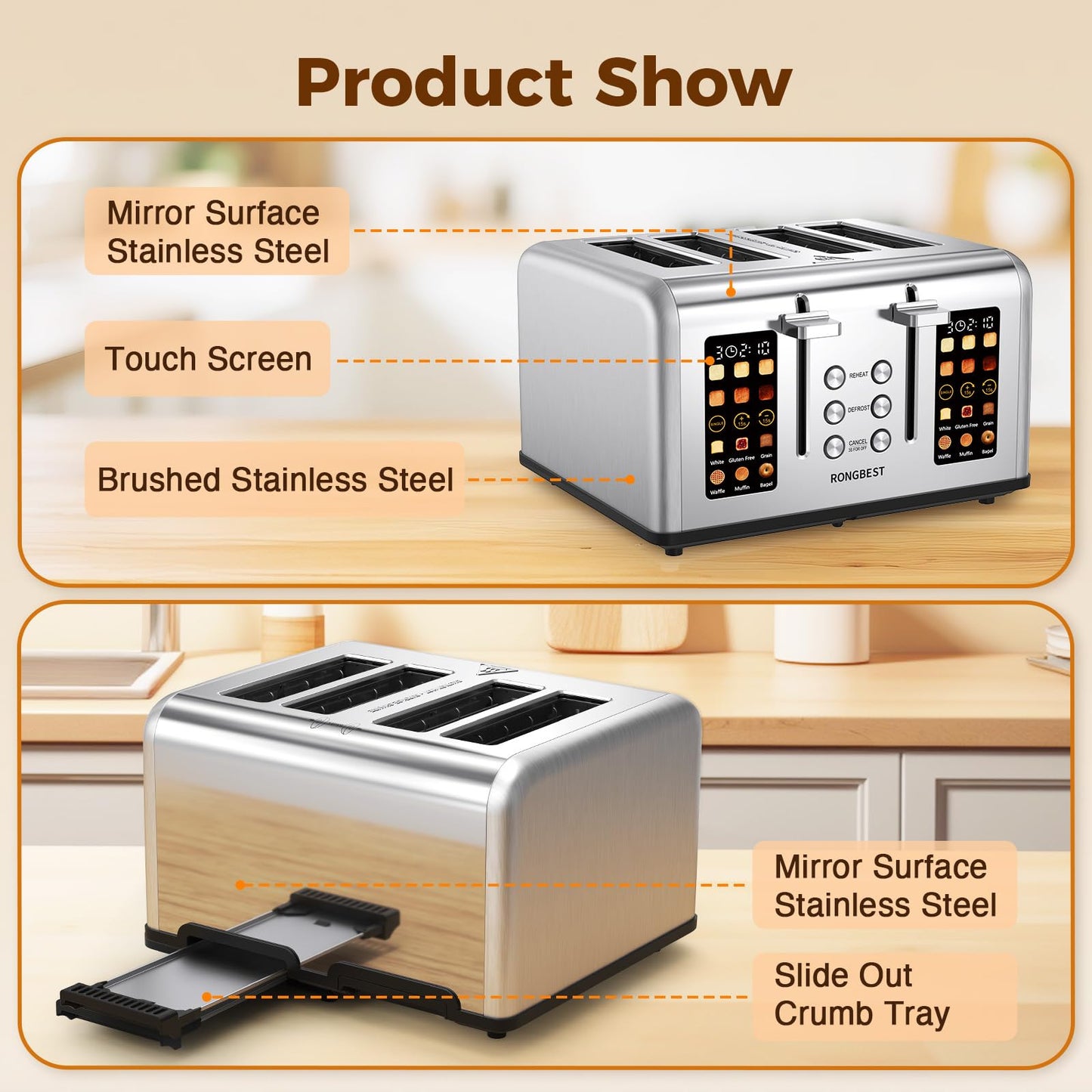 4 Slice Touch Screen Toaster, Easy-to-Use Digital Stainless Steel Toaster with Wide Slots, Reheat Defrost Cancel, Removable Crumb Tray, Silver