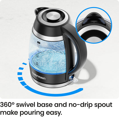 Chefman 1.8L Electric Glass Kettle, 1500W, Auto Shut Off, Boil-Dry Protection, BPA Free, Easy-Clean Lid