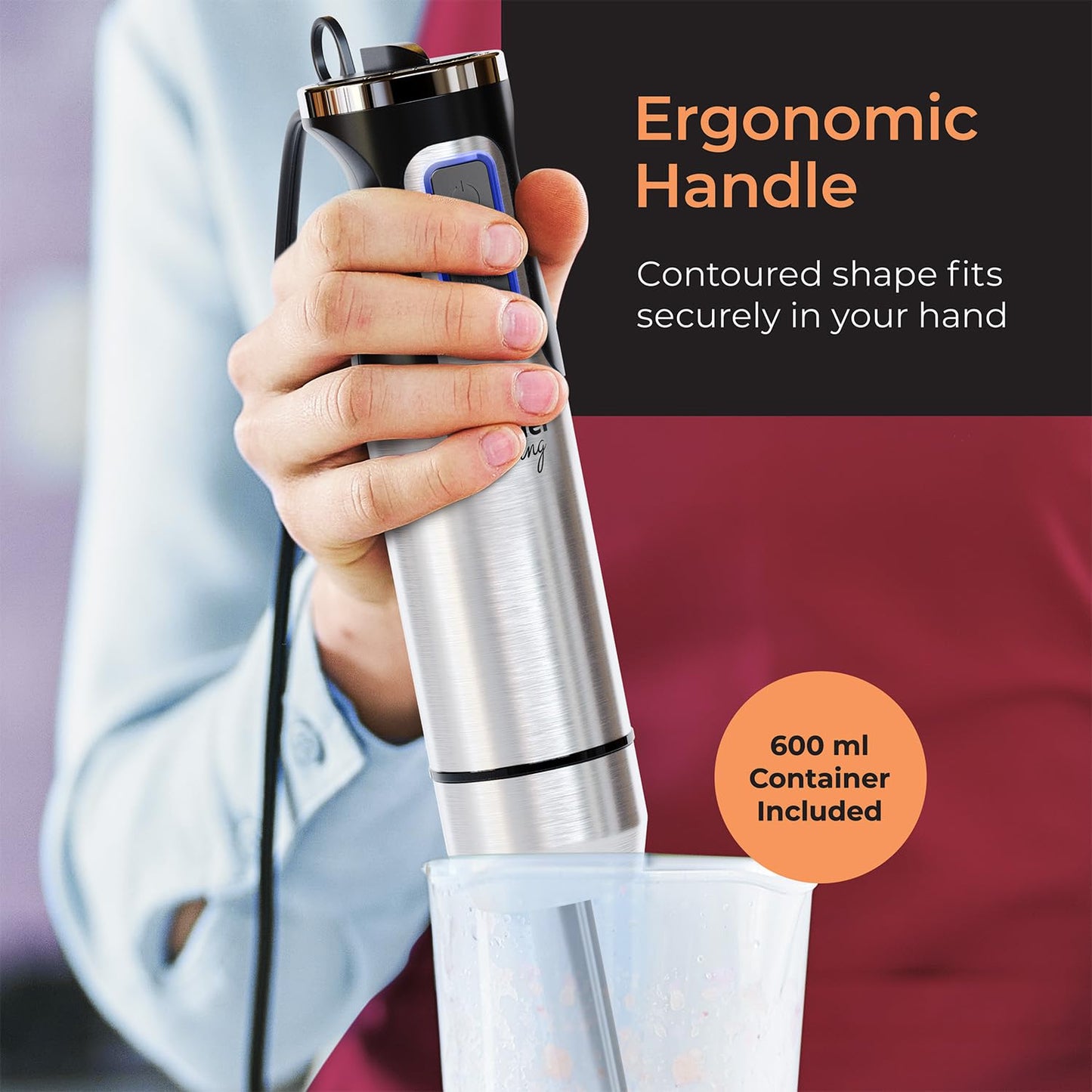 MuellerLiving Immersion Hand Blender Full Set - 8 Speed Immersion Blender, Hand Mixer with 7 Attachments: Stainless Steel Blade, Whisk, Milk Frother, Beater, Mixing Hooks, Potato Masher, Chopper Bowl