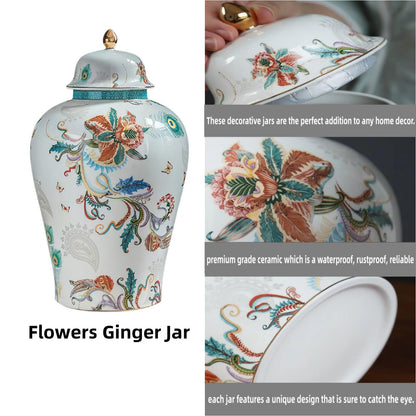 MYMYYT 12 inches flowers Ginger Jar - floral pattern Ceramic Decorative with Lid vase， chinoiserie gift Enamel jars for Home/Kitchen/Dining/living room/shelf decor/Tea Storage
