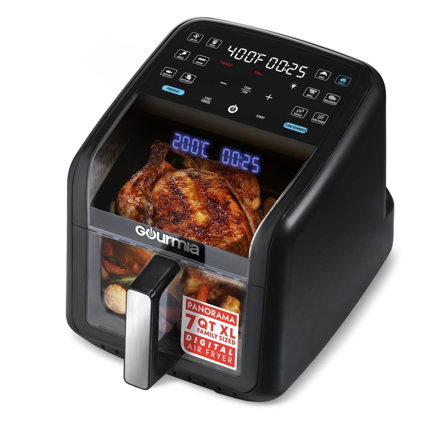 Gourmia Air Fryer 7 QT - Easy View Panorama Window & Interior Light, Guided Cooking with 12 One-Touch Presets, FryForce 360, Dishwasher Safe Accessories, Black