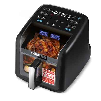 Gourmia Air Fryer 7 QT - Easy View Panorama Window & Interior Light, Guided Cooking with 12 One-Touch Presets, FryForce 360, Dishwasher Safe Accessories, Black