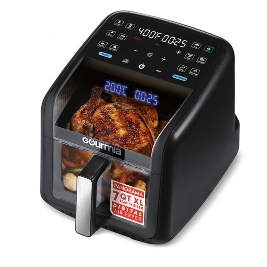 Gourmia Air Fryer 7 QT - Easy View Panorama Window & Interior Light, Guided Cooking with 12 One-Touch Presets, FryForce 360, Dishwasher Safe Accessories, Black