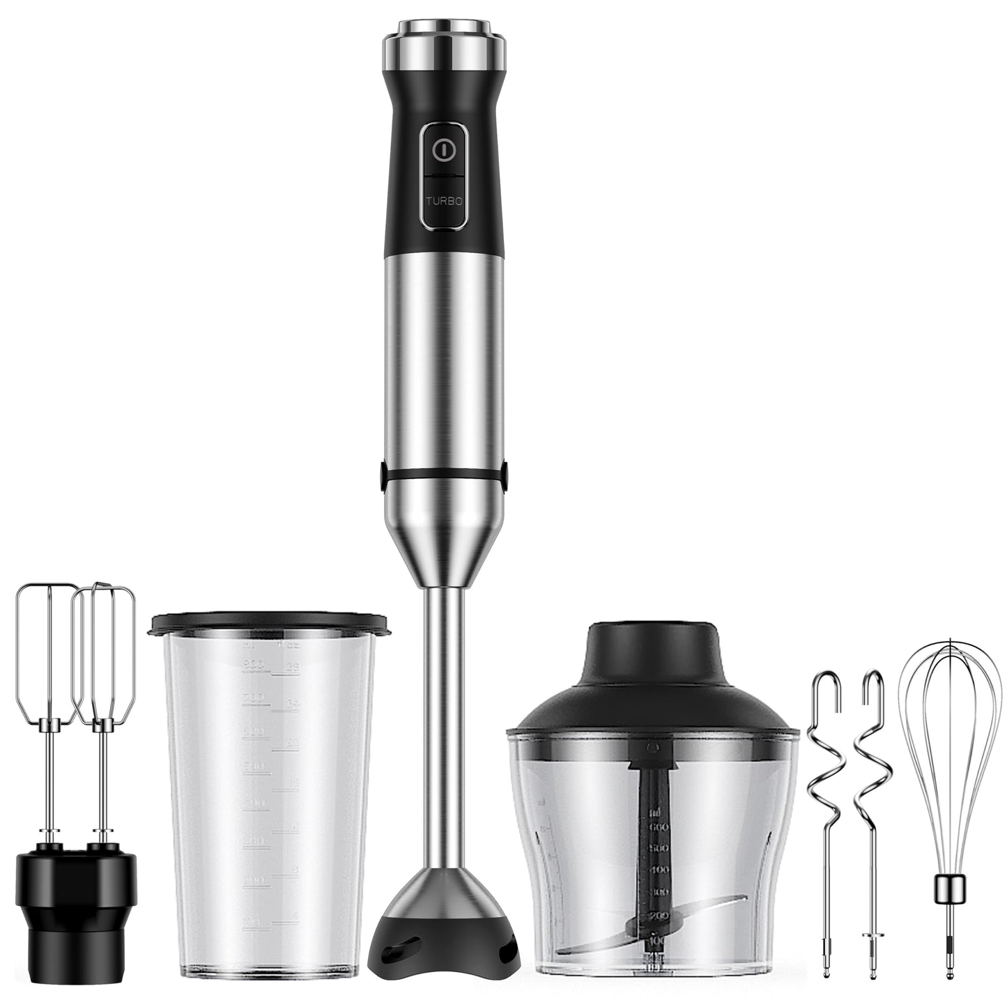 6-in-1 Immersion Blender, 1000W Hand Blender with 20 Speeds, Scratch-Resistant Stick Mixer with Whisk, Chopper, Beaker, Egg Beaters & Dough Hooks – Heavy Duty Hand Mixer, Black