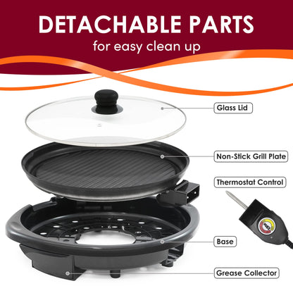 Elite Gourmet EMG-980BX Large Indoor Electric Round Nonstick Grill Cool Touch Fast Heat Up Ideal Low-Fat Meals Dishwasher Safe Includes Glass Lid, 14", Black