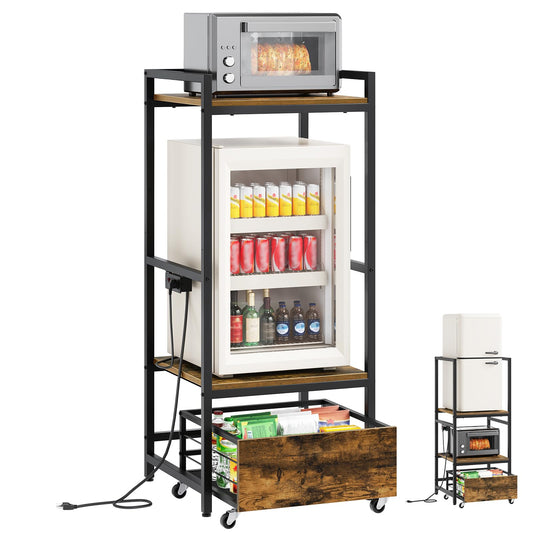 YATINEY Mini Fridge Stand with Movable Drawer, Microwave Stand with Power Outlet, Mini Fridge Shelf with Adjustable Shelves, Kitchen Bakers Rack for Dorm, Dining Room, Home, Rustic Brown HB05UBR