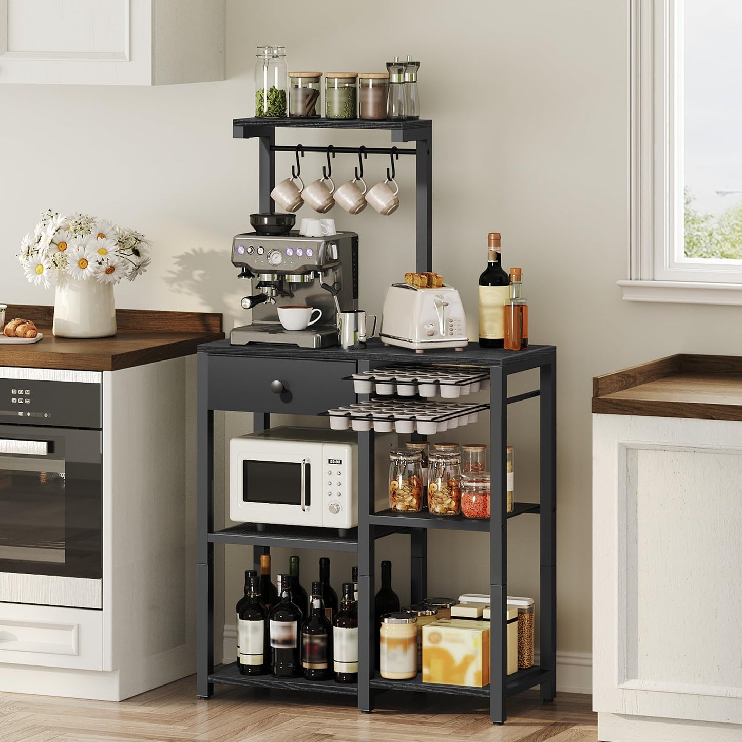 YATINEY Bakers Rack with Storage, 5-Tier Coffee Bar Station with Drawer, Kitchen Coffee Stand with Pod Drawer Holder, for Living Room, Home Cafe, Kitchen, Black KF60BBY1