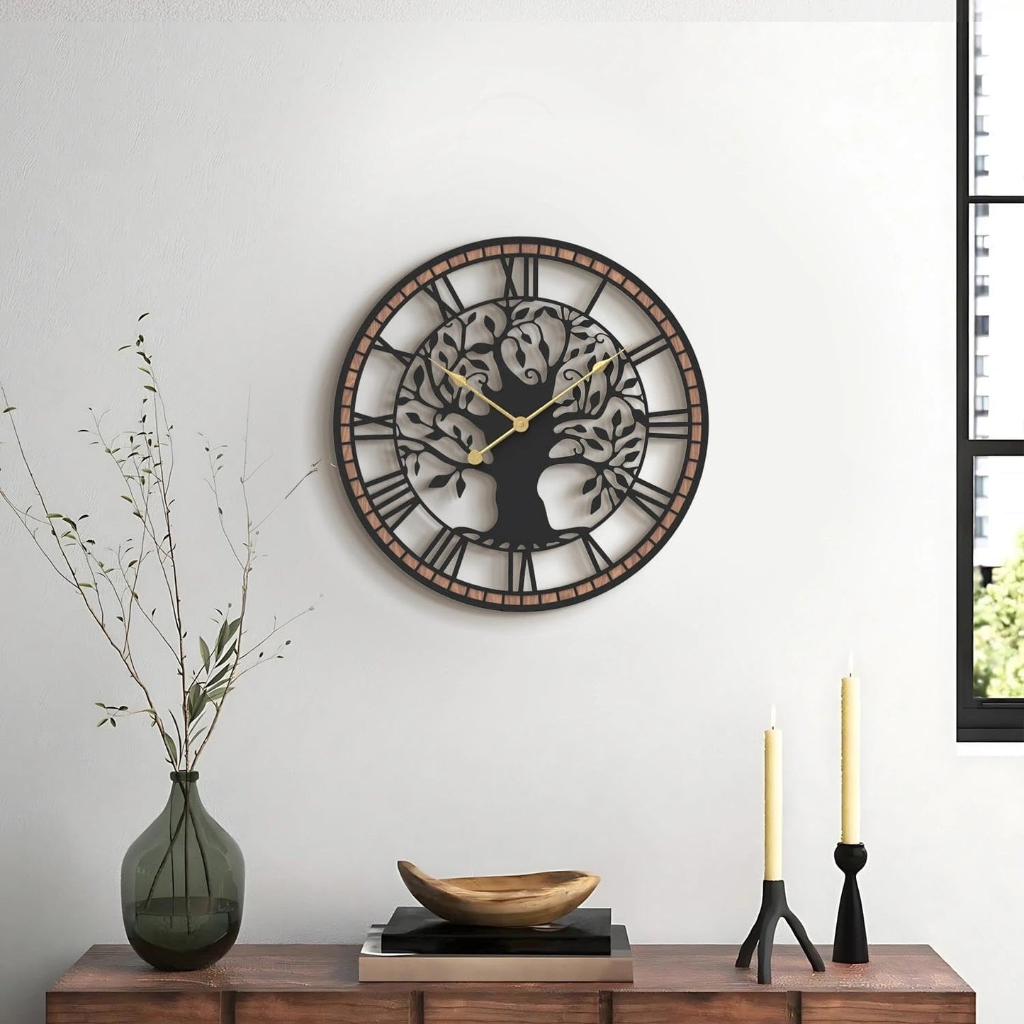 Micasso Wall Clocks Battery Operated: 15Inch Farmhouse Tree of Life Metal with Wood Frame - Rustic Roman Numerals Clock for Living Room/Office/Bedroom/Kitchen - Home Decor for Fashion-Conscious