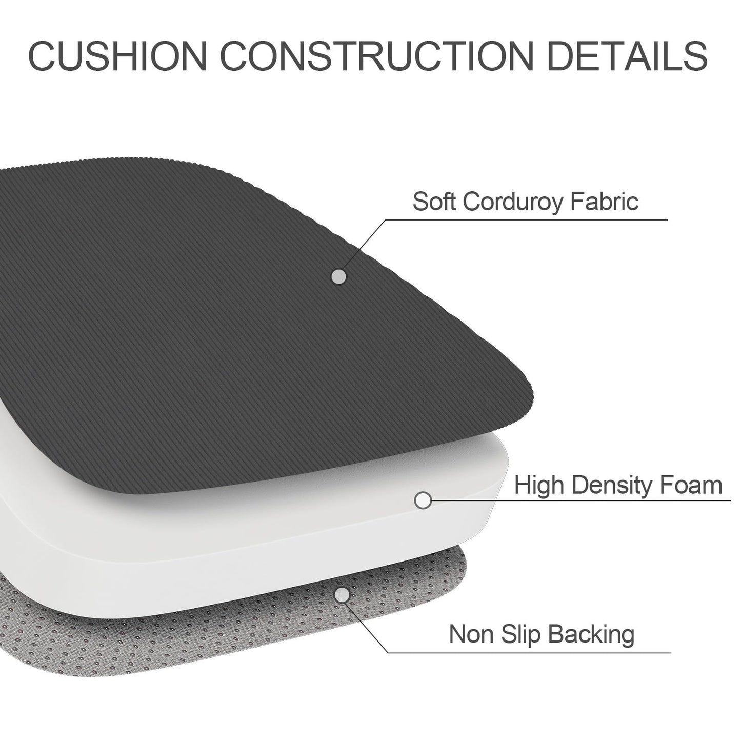 idee-home Chair Cushions for Dining Chairs Set 6, D-Shaped Kitchen Chair Cushions Pads Corduroy with Ties, Removable Seat Pads, 17 x 16 Inches, Dark Grey