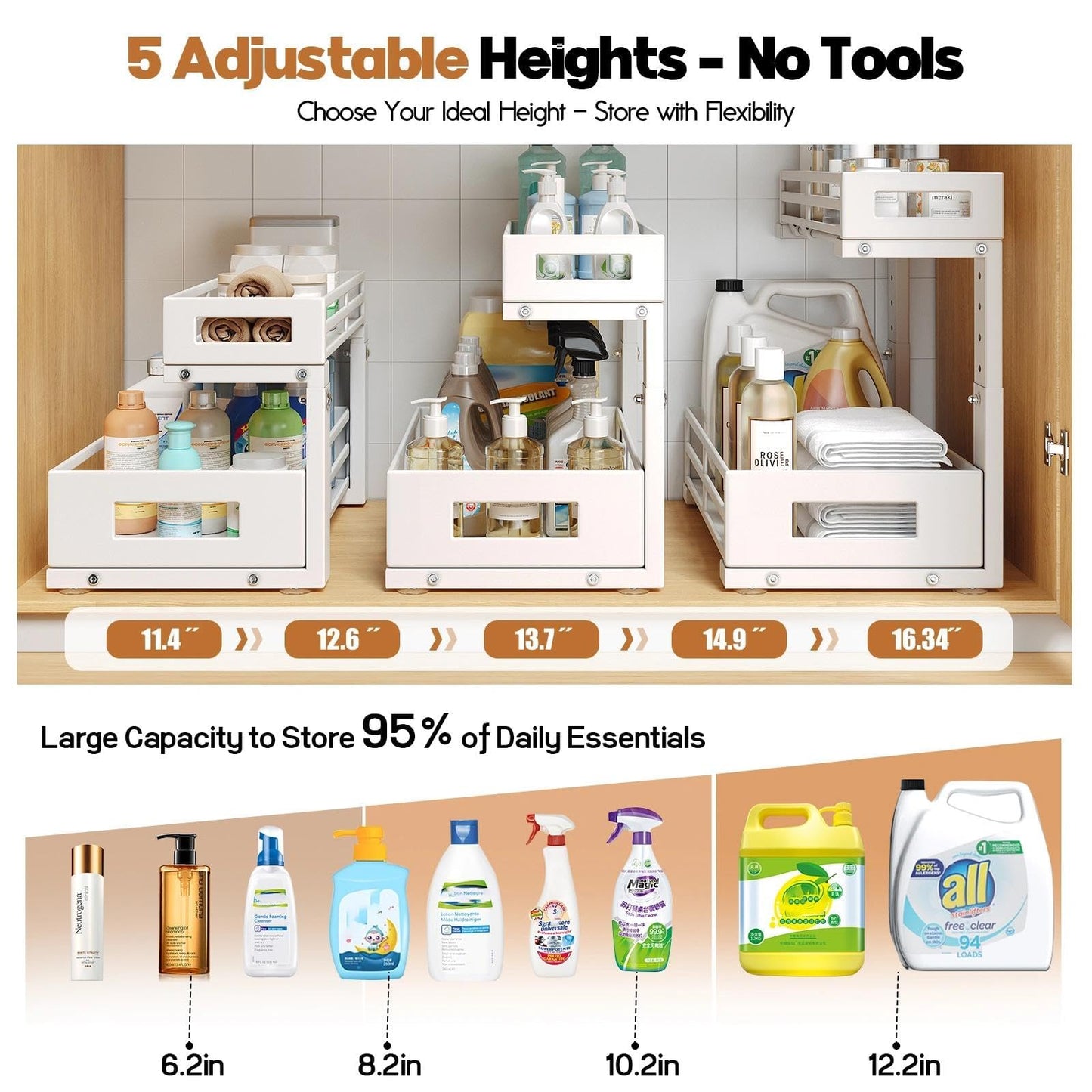 L-Shaped Metal Under Sink Organizer, 2-Tier Double Pull-Out Cabinet Organizer for Kitchen & Bathroom Storage, Height Adjustable, Smooth Cylinder Rail, White, 2 Packs