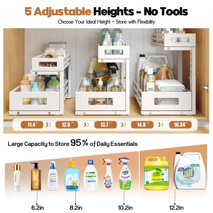 L-Shaped Metal Under Sink Organizer, 2-Tier Double Pull-Out Cabinet Organizer for Kitchen & Bathroom Storage, Height Adjustable, Smooth Cylinder Rail, White, 2 Packs