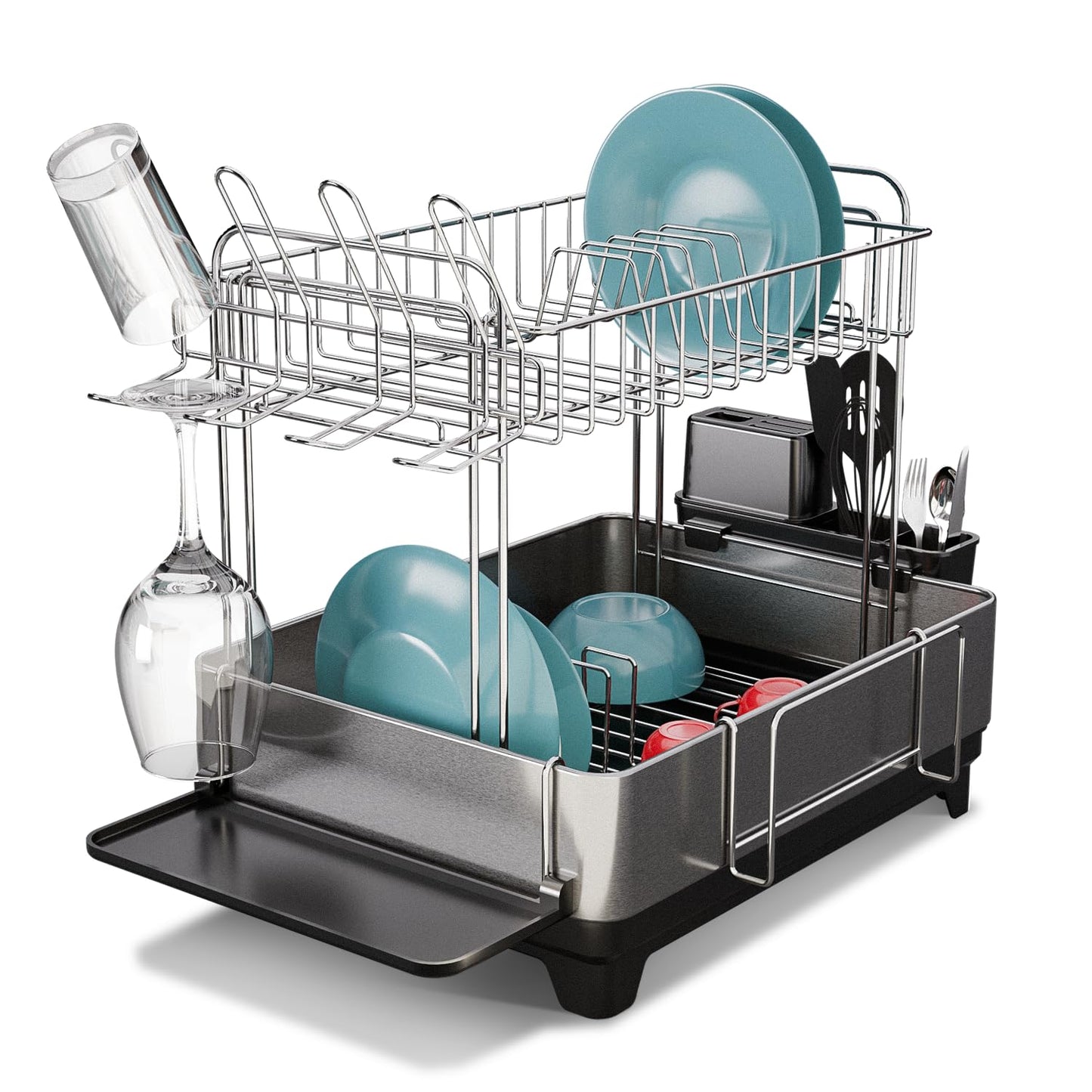 Home Zone Living Large 2-Tier Stainless Steel Dish Drying Rack with Drain Pipe and Utensil Holders