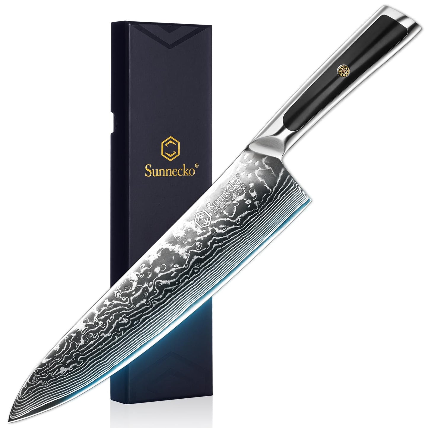 Sunnecko 8 Inch Japanese Damascus Chef Knife - Ultra Sharp 10-12 Degree Edge VG10 67 Layers Kitchen Cooking Knives for Meat, Vegetable & Fruit, Full Tang Forged Blade, Premium Father Day Gift Box