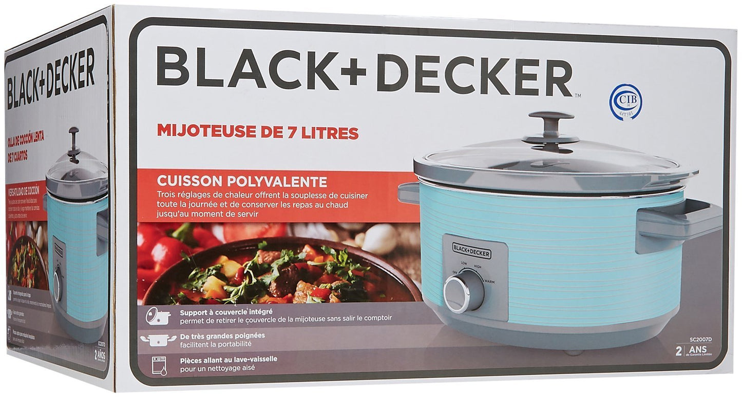 BLACK+DECKER 7-Quart Slow Cooker, SC2007D, Lid Holder, 3 Heat Settings, Extra Large Handles, Dishwasher Safe, Teal