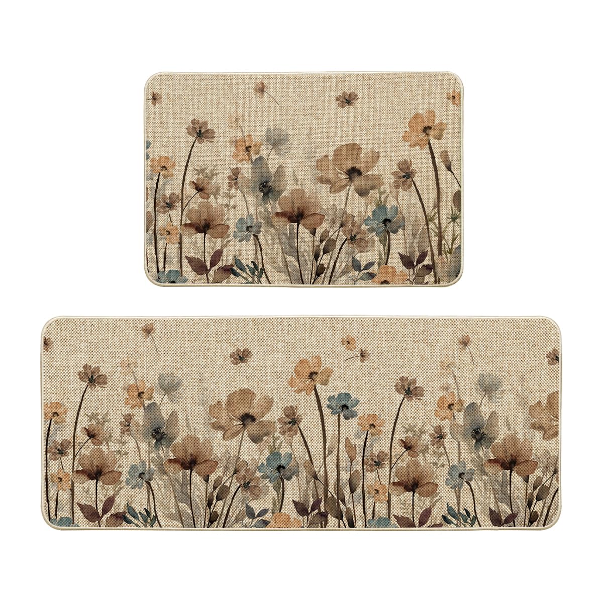 Artoid Mode Brown Poppy Floral Leaves Spring Kitchen Mats Set of 2, Spring Home Decor Low-Profile Kitchen Rugs for Floor - 24x35 and 24x59 Inch