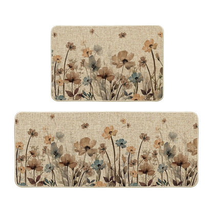 Artoid Mode Brown Poppy Floral Leaves Spring Kitchen Mats Set of 2, Spring Home Decor Low-Profile Kitchen Rugs for Floor - 24x35 and 24x59 Inch