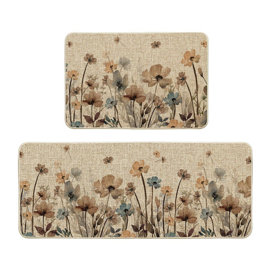 Artoid Mode Brown Poppy Floral Leaves Spring Kitchen Mats Set of 2, Spring Home Decor Low-Profile Kitchen Rugs for Floor - 24x35 and 24x59 Inch