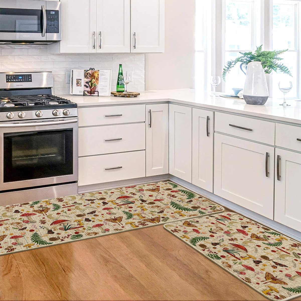 Artoid Mode Mushrooms Butterfly Spring Kitchen Mats Set of 2, Home Decor Low-Profile Kitchen Rugs for Floor - 24x35 and 24x59 Inch