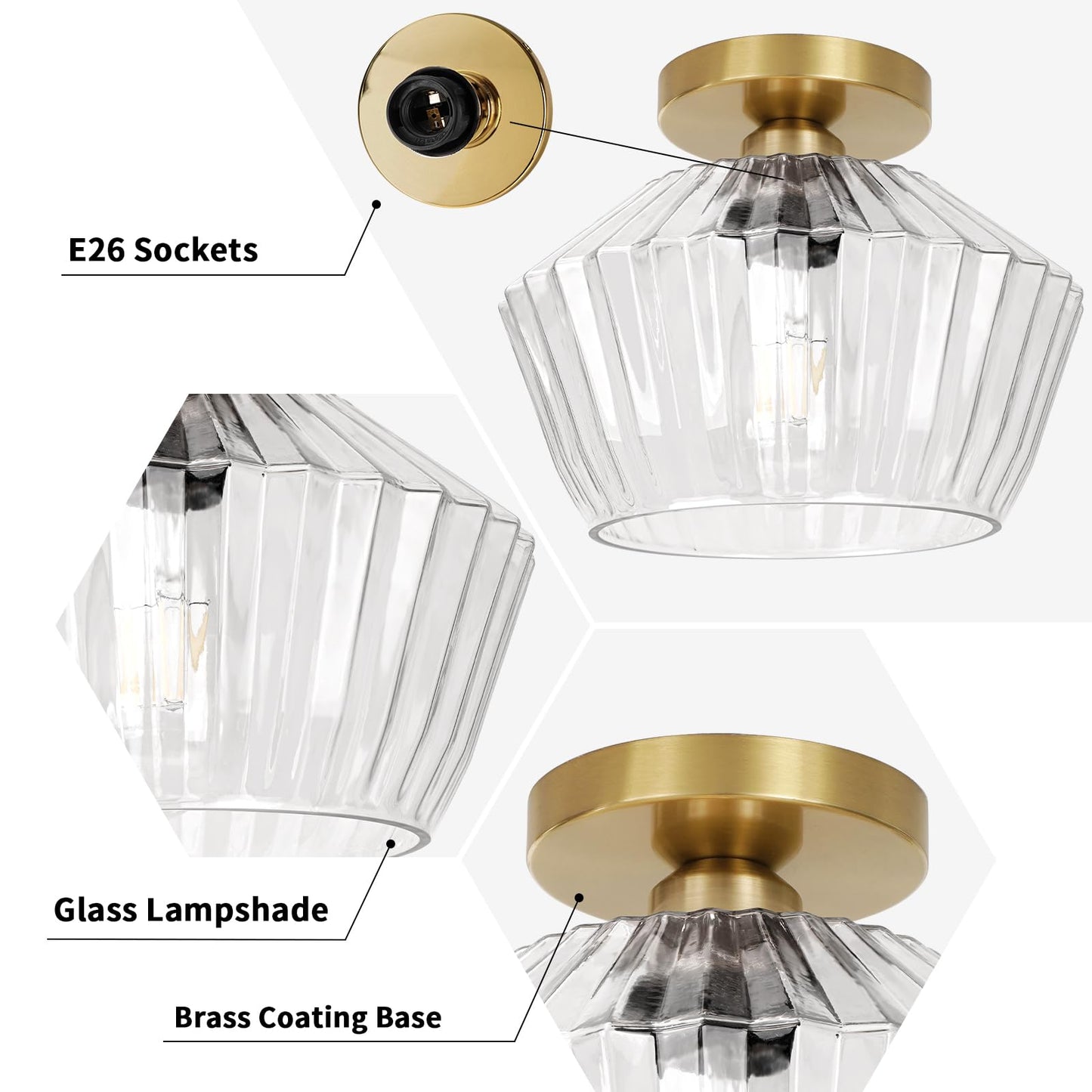 FRIDEKO HOME Semi Flush Mount Ceiling Light - Glass Hallway Lighting Fixtures Ceiling Black Ceiling Light Fixture for Hallway Bedroom Kitchen Bathroom Entryway (Bronze Gold)