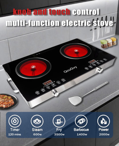 23" Portable Infrared 2 Burner 3500 Electri Burner with 2 Hours Timer-Electric Hot Plate Touch Control Panel Adjustable Heating Power Glass Plate Electric Cooktop for Cooking