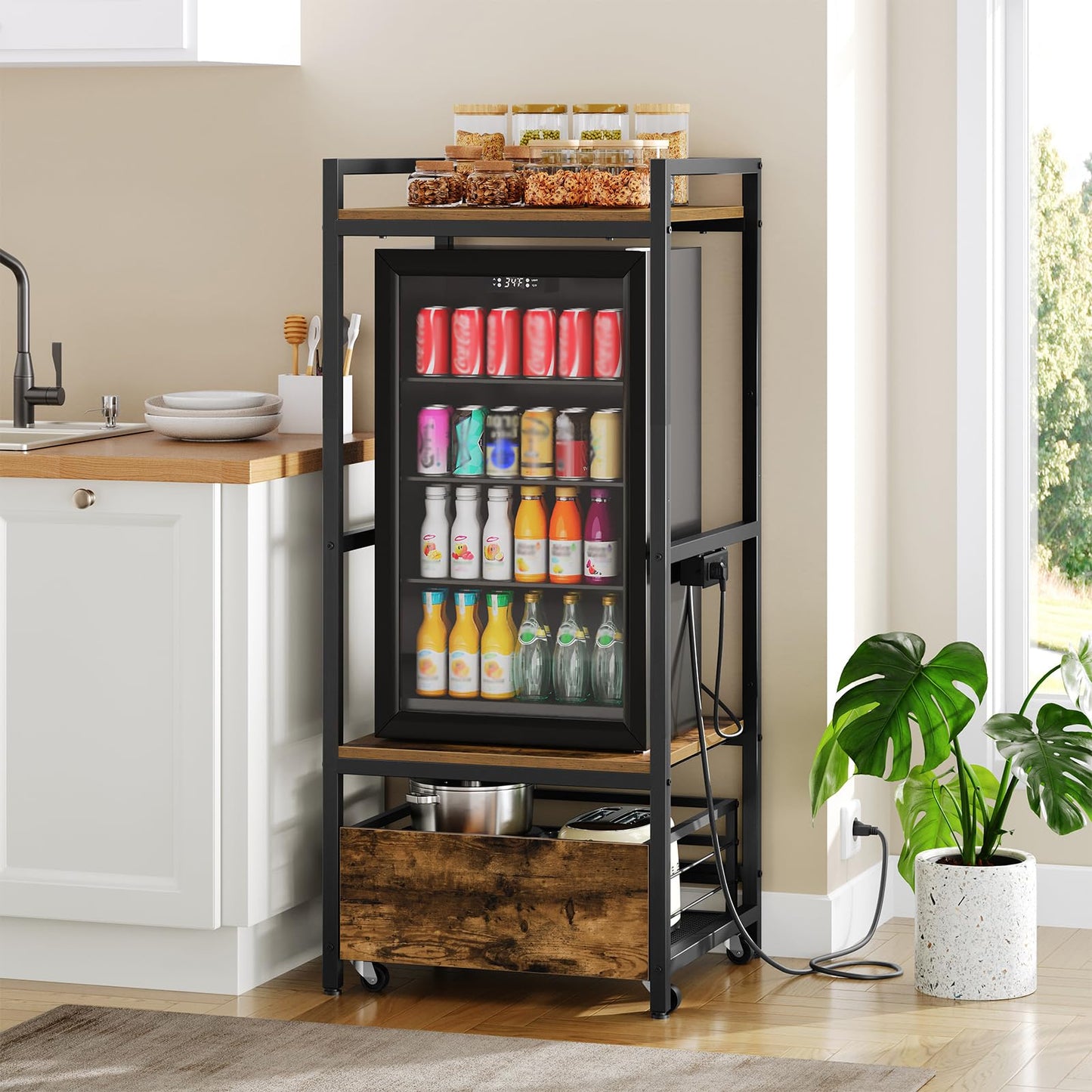 YATINEY Mini Fridge Stand with Movable Drawer, Microwave Stand with Power Outlet, Mini Fridge Shelf with Adjustable Shelves, Kitchen Bakers Rack for Dorm, Dining Room, Home, Rustic Brown HB05UBR