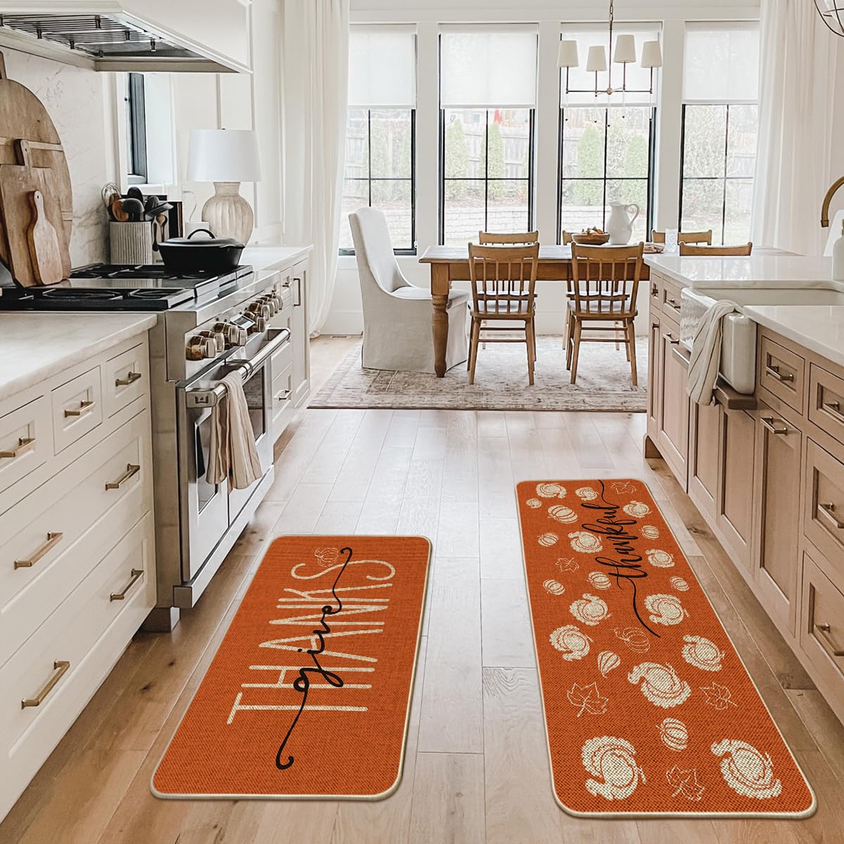 Artoid Mode Turkey Pumpkin Maple Leaves Thanksgiving Kitchen Mats Set of 2, Home Decor Low-Profile Kitchen Rugs for Floor - 24x35 and 24x59 Inch