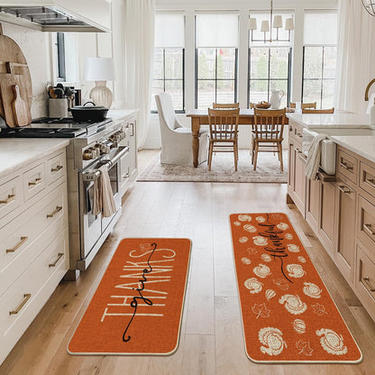 Artoid Mode Turkey Pumpkin Maple Leaves Thanksgiving Kitchen Mats Set of 2, Home Decor Low-Profile Kitchen Rugs for Floor - 24x35 and 24x59 Inch