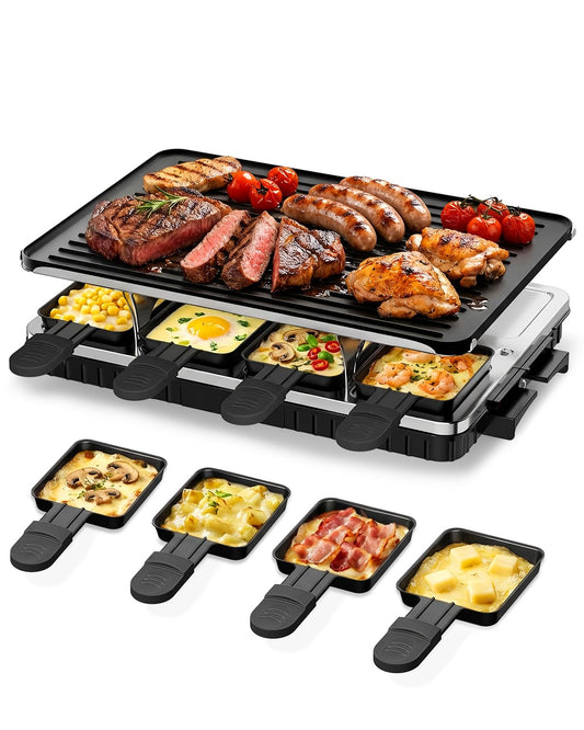 HBN Electric Raclette Table Grill with 8 Warming Trays, 2-in-1 Korean BBQ Grill & Electric Griddle Nonstick, Adjustable Temperature Control,1300W, Great for Indoor Family Gatherings, Parties & Dining