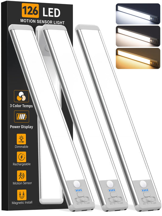 Under Cabinet Lighting Wireless, Motion Sensor Light Indoor Rechargeable, 3 Color Dimmable Closet Light Battery Operated with LED Power Display, Magnetic Under Counter Lights for Kitchen, Home (3Pack)