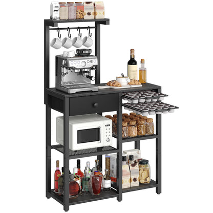 YATINEY Bakers Rack with Storage, 5-Tier Coffee Bar Station with Drawer, Kitchen Coffee Stand with Pod Drawer Holder, for Living Room, Home Cafe, Kitchen, Black KF60BBY1