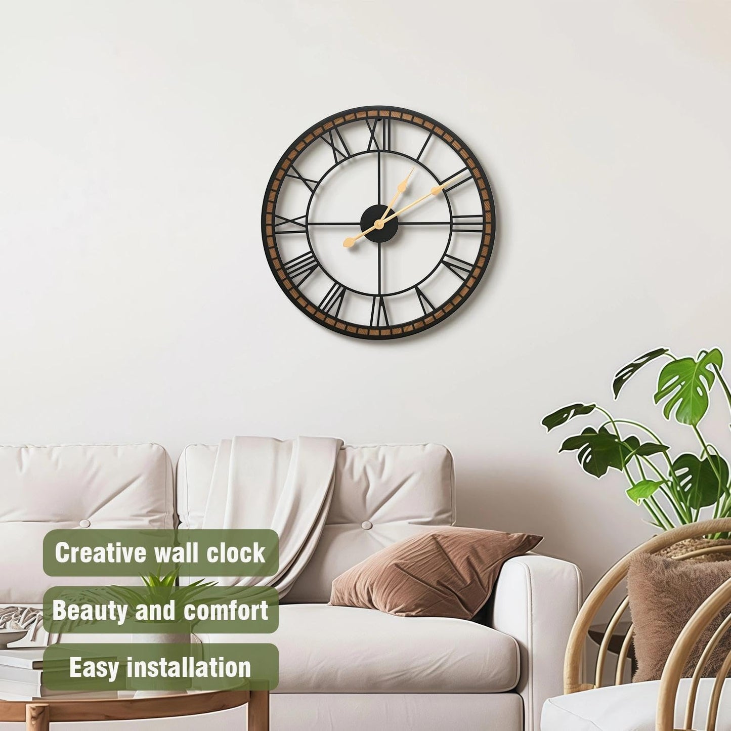 Micasso Large Farmhouse Wall Clock: 20 inch Modern Metal Black with Solid Wood Frame - Rustic Roman Numeral Decorative Wall Clock for Living Room/Entryway/Kitchen - Home Decor for Fashion-Conscious