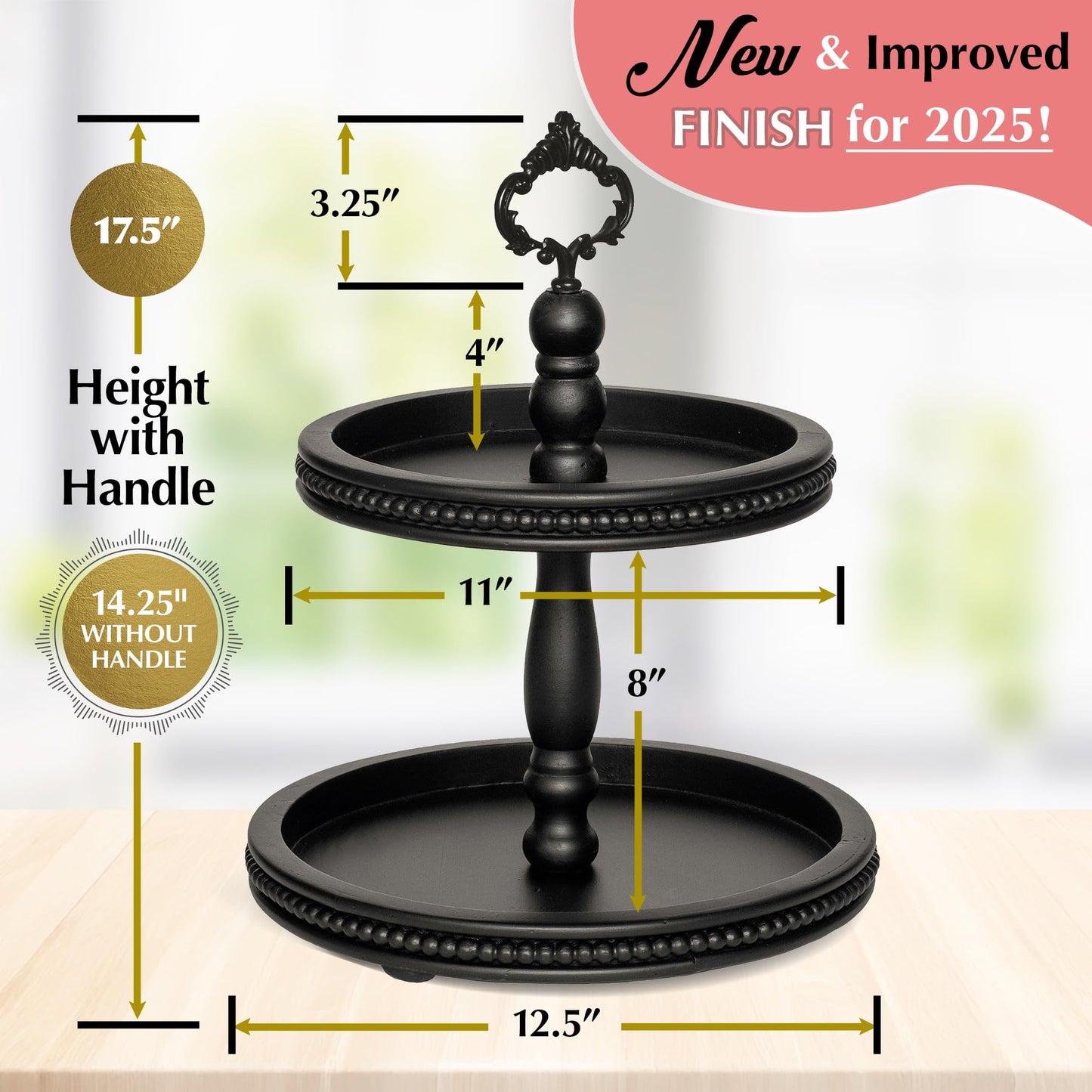 2 Tiered Tray Wooden Serving Stand by Felt Creative Home Goods. Small Beaded Tray for Home Decor Display Farmhouse Country Decoration Kitchen or Dining. Includes 3 Finial Custom Handles (Black)