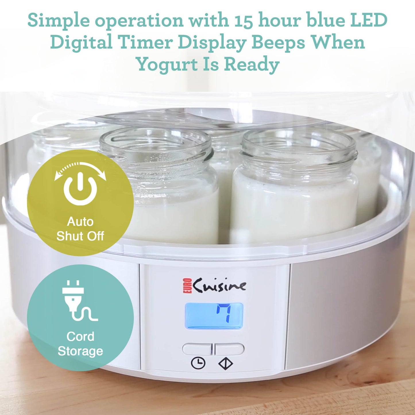 Euro Cuisine Yogurt Maker - YMX650 Automatic Digital Yogurt Maker Machine with Set Temperature - Includes 7-6 oz. Reusable Glass Jars and 7 Rotary Date Setting Lids for Instant Storage