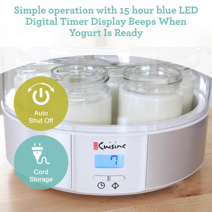 Euro Cuisine Yogurt Maker - YMX650 Automatic Digital Yogurt Maker Machine with Set Temperature - Includes 7-6 oz. Reusable Glass Jars and 7 Rotary Date Setting Lids for Instant Storage