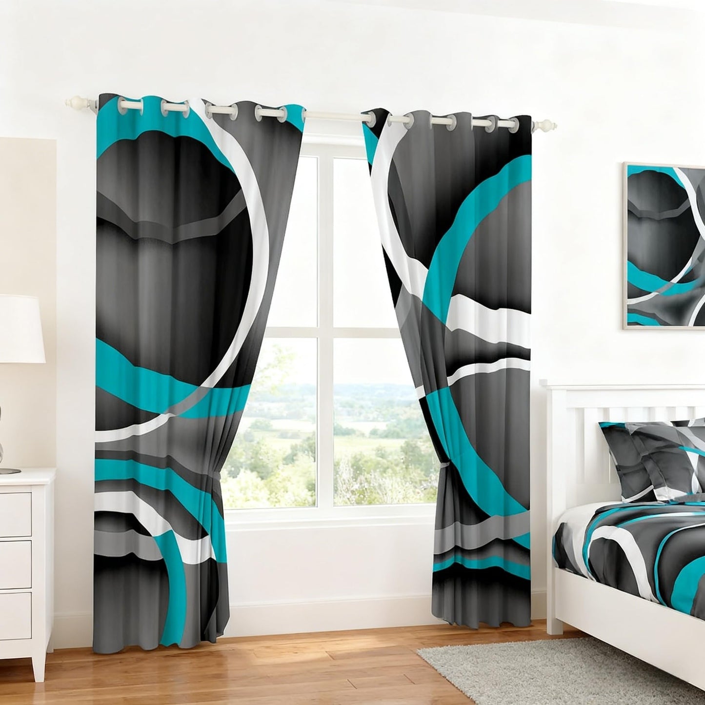 Castle Fairy Gray Black Blue Swirls Window Drapes,Retro Circle Geometric Kitchen Blackout Window Treatments 52Wx84L,Modern Abstract Art Livingroom Bedroom Decor Curtains
