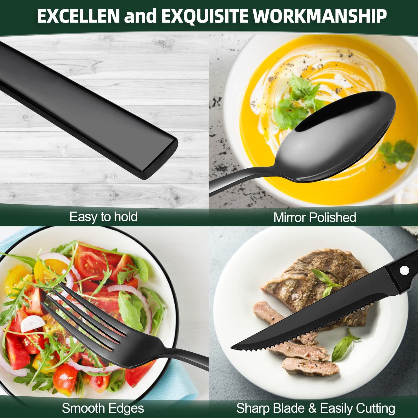 CEKEE 72-Piece Black Silverware Set with Steak Knives, Stainless Steel Flatware Set for 12, Tableware Cutlery Set, Kitchen Utensils Set for Home & Restaurant, Heavy Duty & Mirror Finished