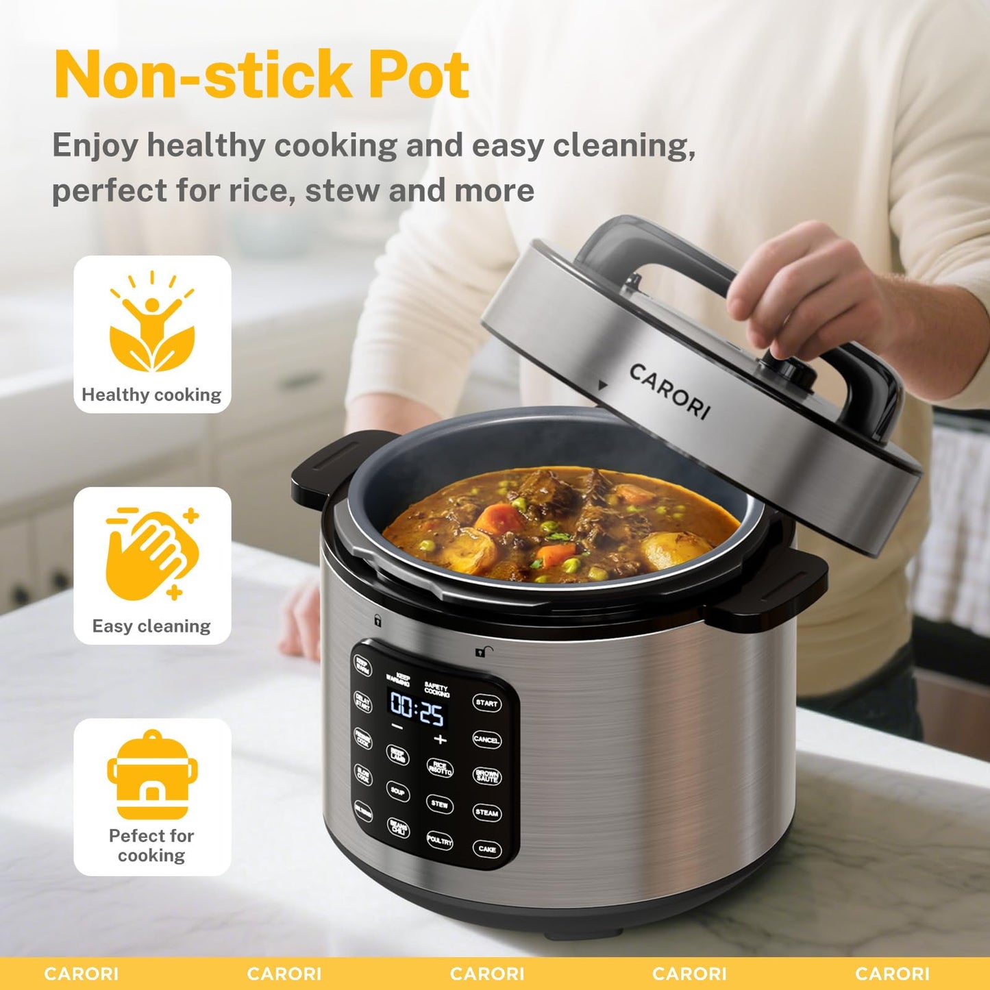 CARORI 9-in-1 Electric Pressure Cooker, 1000W Instant Multi-Cooker with IMD Touchscreen, Olla de Presion, Non-Stick Pot, Rice Cook, Slow Cook, Steamer, Sauté, Warmer, Safe Venting, Silver 8 Qt