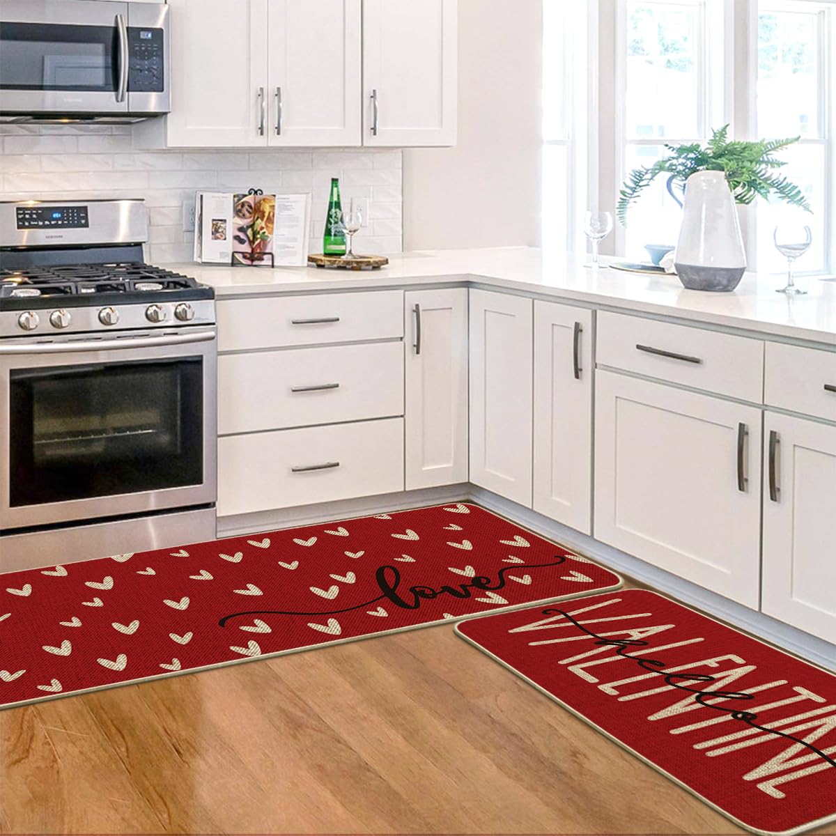 Artoid Mode Red Love Heart Hello Valentine's Kitchen Mats Set of 2, Home Decor Low-Profile Kitchen Rugs for Floor - 24x35 and 24x59 Inch