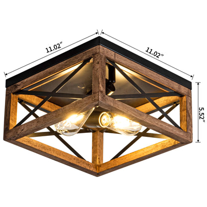 Rpzloila Flush Mount Ceiling Light Fixture for Kitchen Hallway, 2-Light Close to Ceiling Light with Black Metal and Wood Design, Rustic Farmhouse Ceiling (Bulb not Included)