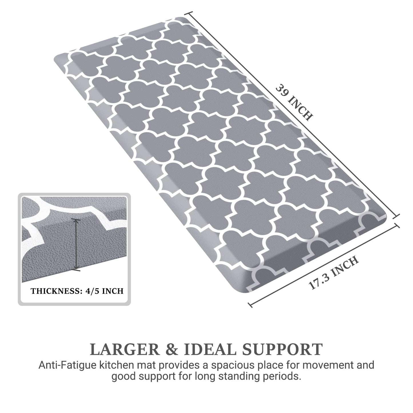 WISELIFE Anti Fatigue Floor Mat - 4/5 Inch Kitchen Mat Non Slip Waterproof Heavy Duty Ergonomic Comfort Mat Durable for Home, Office, Sink, Laundry,(17.3" x 39", Grey)