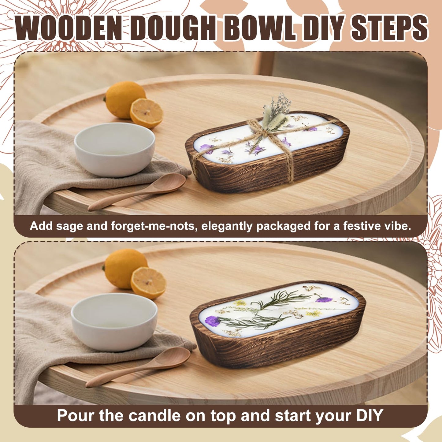 badashun Wooden Dough Bowls for Candle Making, 8 Pack Rustic Paulownia Wood Bowls with Jute Twine & Dried Flowers, Farmhouse Kitchen Home Decor (8)