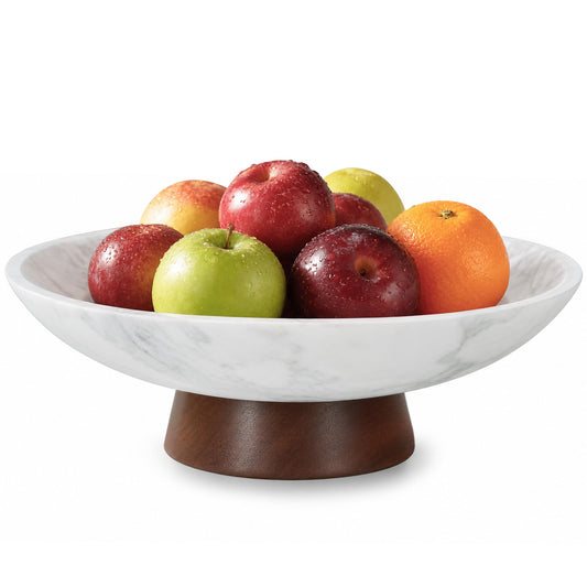 RGBDOT Marble Decorative Bowl, 11” Large Centerpiece for Table, Fruit Bowl for Kitchen Counter, Coffee Table or Entryway Decor, Modern Stone with Wood Base, Housewarming Gift - White