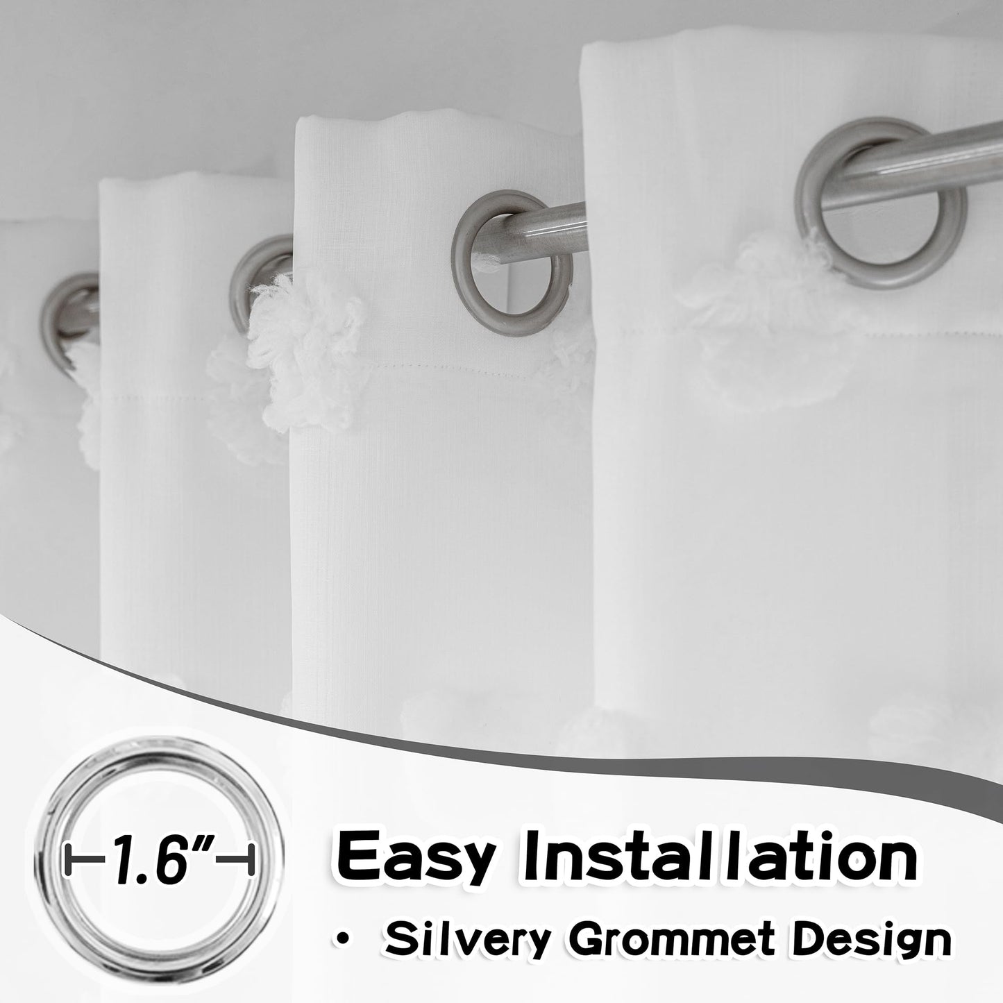 MYSKY HOME White Curtains for Bedroom 63 Inch Long Double Layer Curtains for Kids Room Kithen White Pom Pom Sheer Nursery Curtains Grommet Room Darkening Window Curtains 2 Panels Set, 52 x 63 Inch