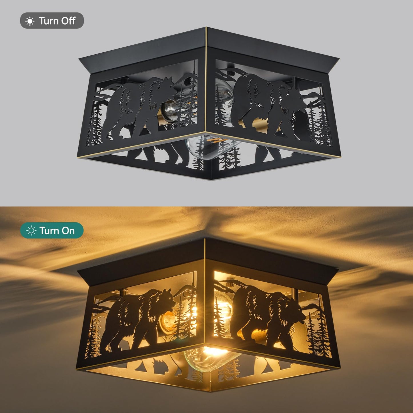 Rustic Bear & Tree Flush Mount Ceiling Light, 2-Light Black Metal Farmhouse Cage Fixture, Vintage Industrial Forest Wildlife Lodge Cabin Lighting for Entryway, Hallway, Kitchen, Bedroom, E26 Base