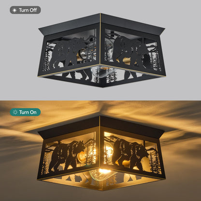 Rustic Bear & Tree Flush Mount Ceiling Light, 2-Light Black Metal Farmhouse Cage Fixture, Vintage Industrial Forest Wildlife Lodge Cabin Lighting for Entryway, Hallway, Kitchen, Bedroom, E26 Base