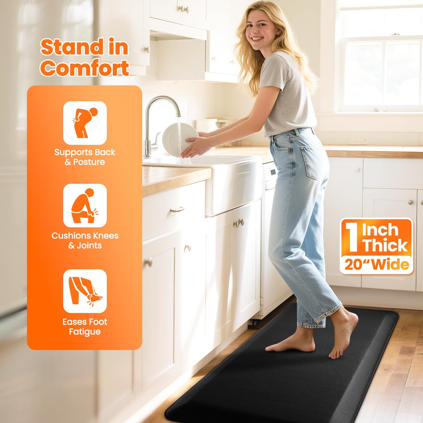 TranquilMoments Kitchen Mats for Floor, 1 Inch Extra-Thick Kitchen Rugs, Non-Slip & Waterproof Standing Desk Mat, Comfort Anti Fatigue Mats for Kitchen Floor, Home, Sink, Office (20" X 39", Black)