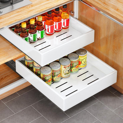 Pull out Cabinet Organizer, 21"Deep, Heavy Duty Full-Extension Slide out Drawers for Kitchen Cabinets with Nano Adhesive, Roll Out Shelf Sliding Cabinet for Pots, Bathroom, Pantry, Under Sink, White