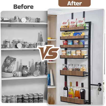 Fulifix Over The Door Pantry Organizer with Solid Wooden Baskets, 6-Tier Pantry Door Organizer Wall Mount, Metal Hanging Spice Rack Organization and Storage for Home, Kitchen, Cabinet